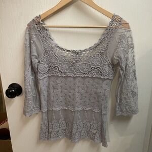 Issi Gray Lace Y2K Hippie Fairy Embroidered Lace Floral Layering Blouse